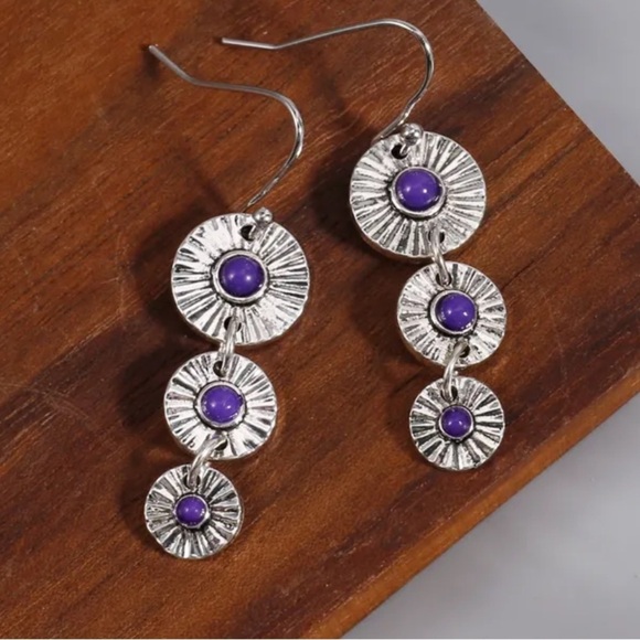 925 Sterling Silver Plated Purple Synthetic Gemstone Boho Dangle Earrings - Picture 2 of 5